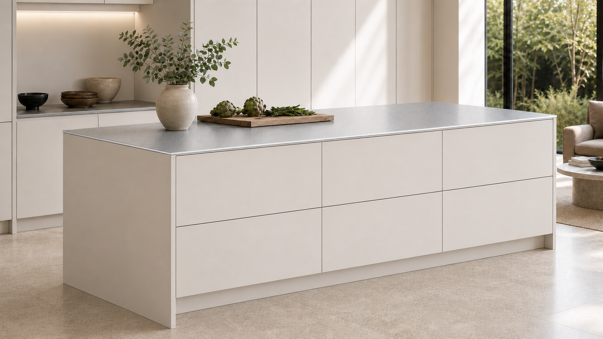 ZI-01 Compact Island front view — Warm White cabinetry with Crystal Steel solid stainless benchtop
