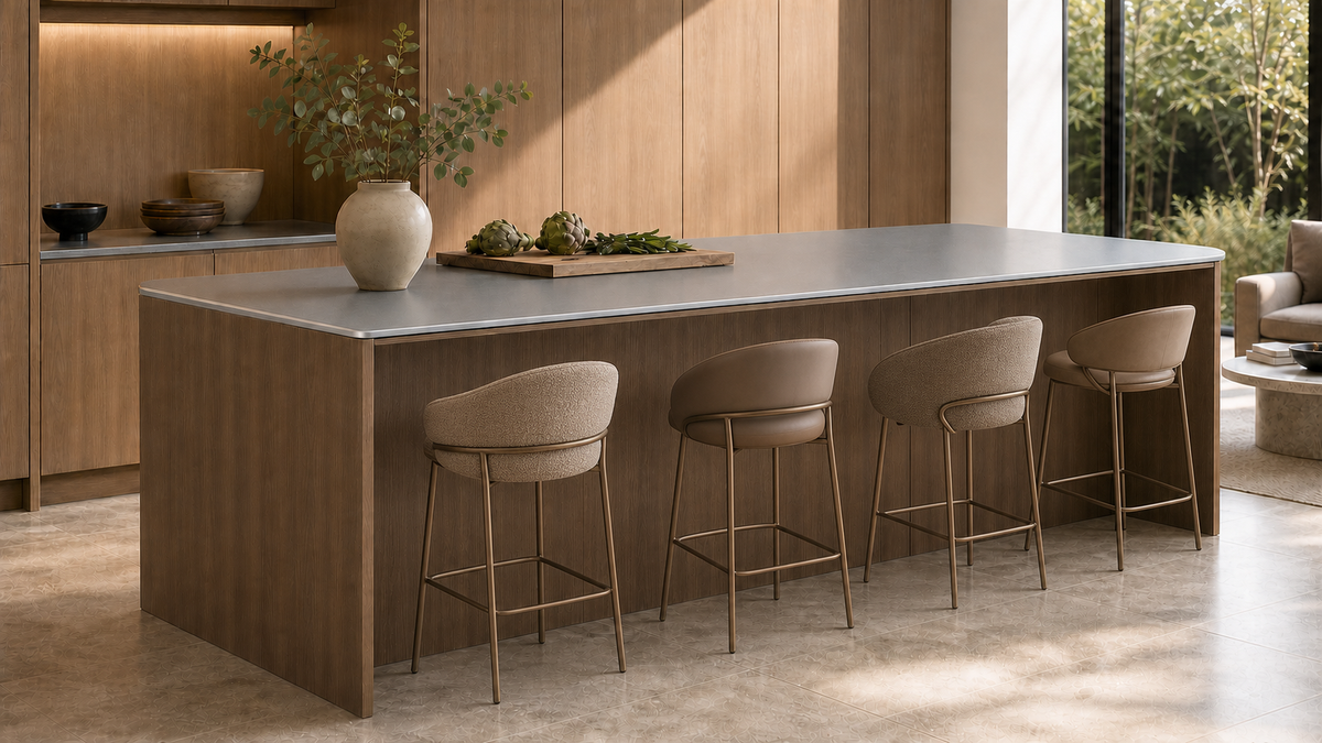 ZI-02 Family Island controlled concept image with warm oak cabinet, micro sand benchtop and seating