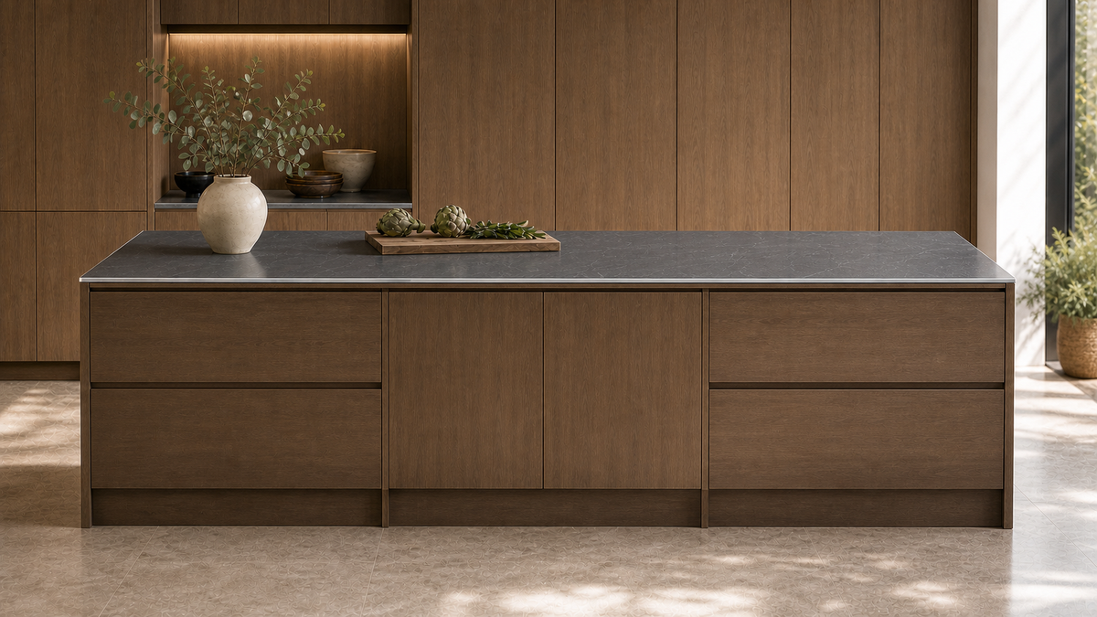 ZI-03 Statement Island front view — Smoked Walnut cabinetry with Ice Crack solid stainless benchtop