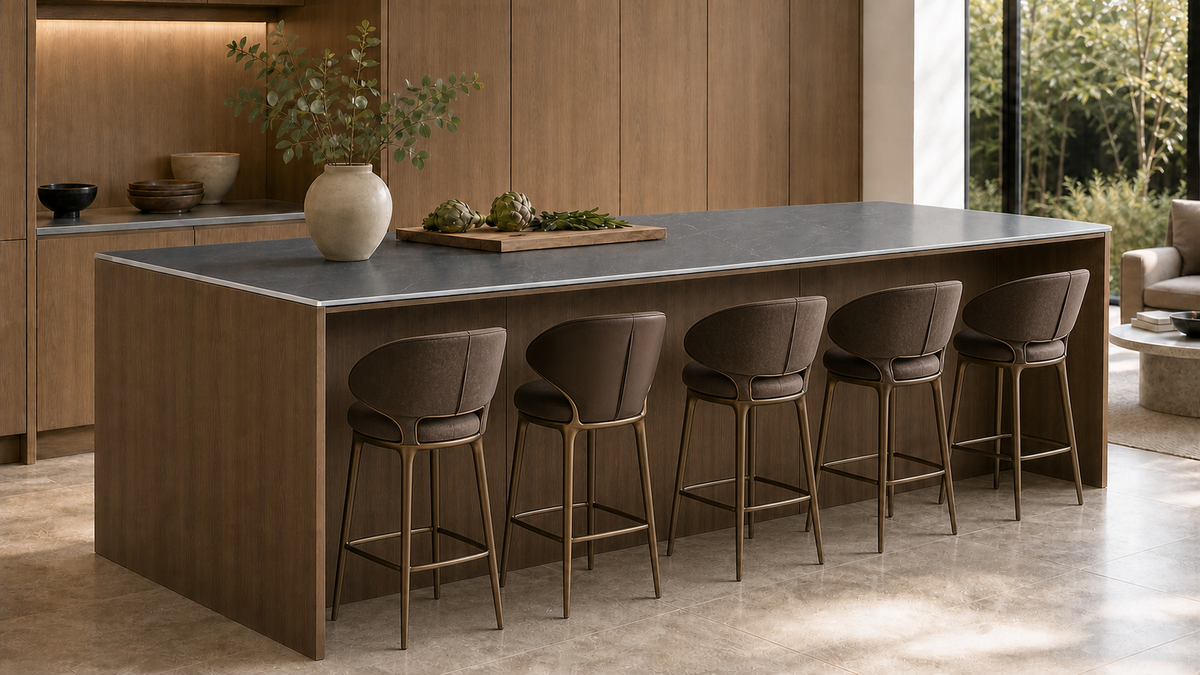 ZI-03 Statement Island controlled concept image with smoked cabinet, ice crack benchtop and seating