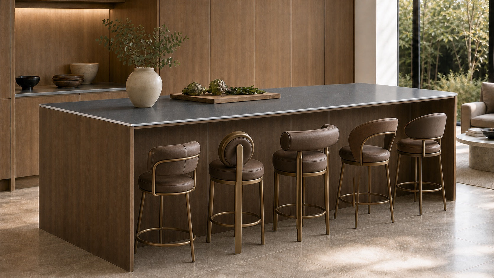 Warm residential kitchen island with a visible stainless-steel benchtop