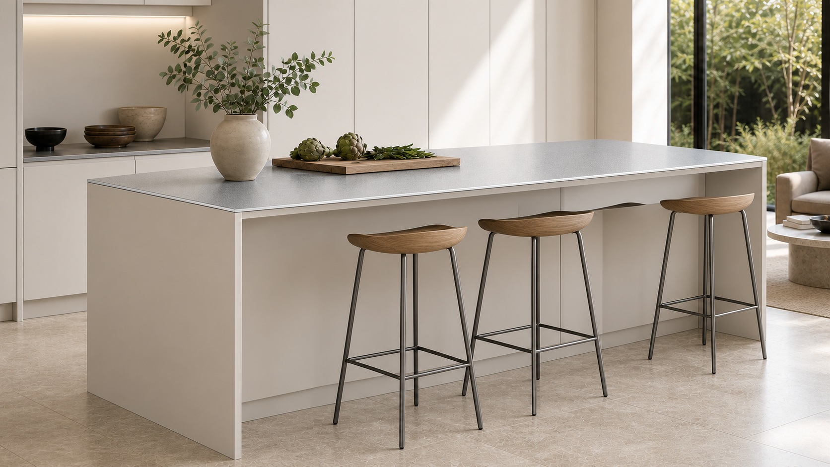 ZI-01 Compact Island controlled concept image with warm white cabinet and crystal steel benchtop