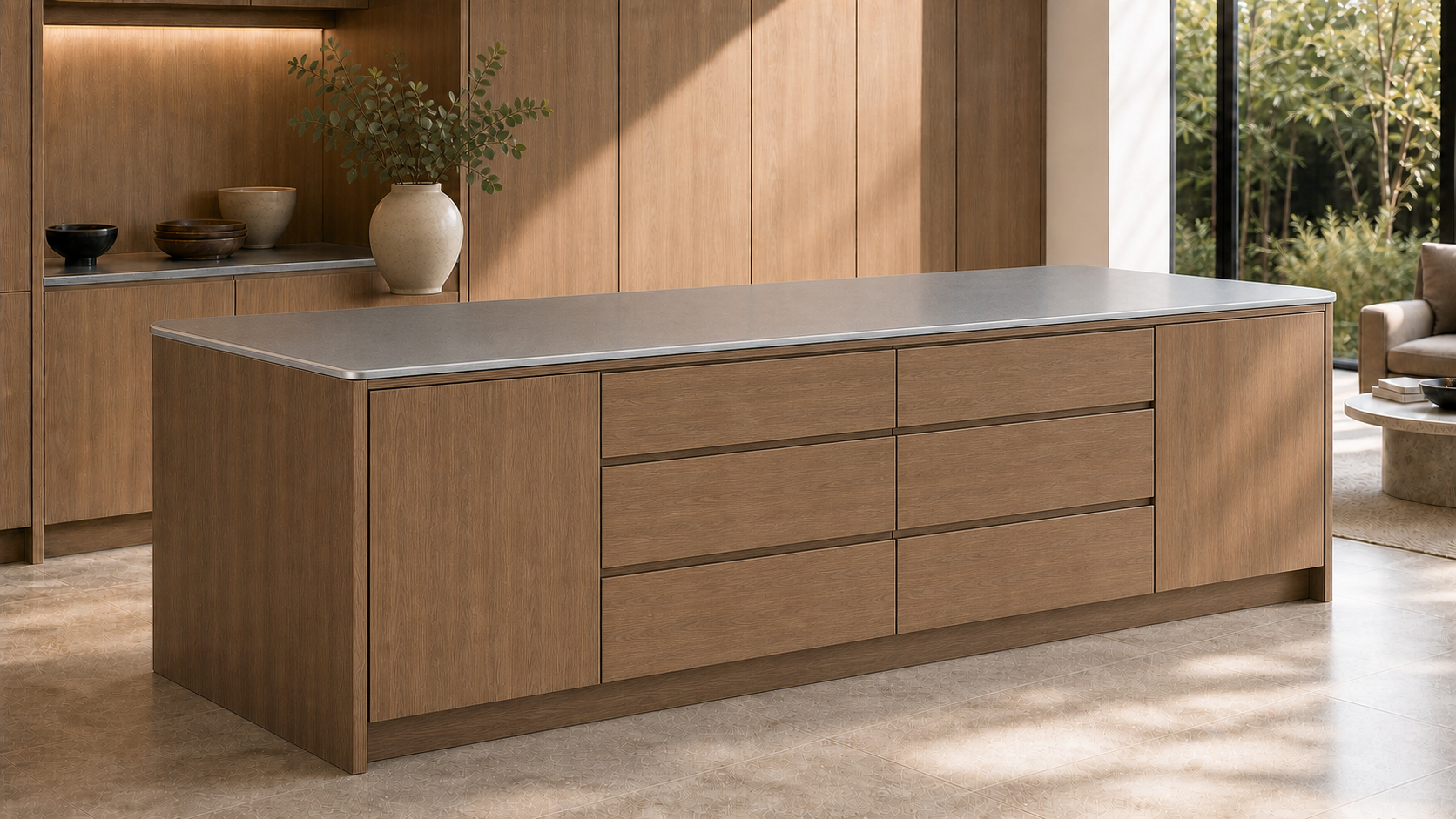 ZI-02 Family Island front view — Warm Oak cabinetry with Micro Sand solid stainless benchtop