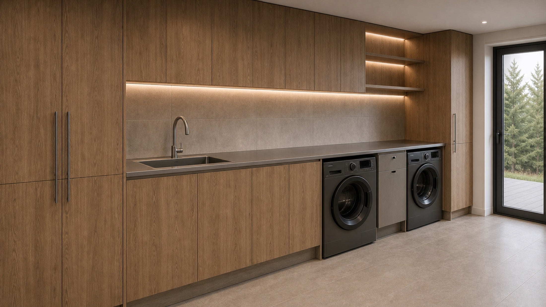 Residential laundry joinery with stainless work surface