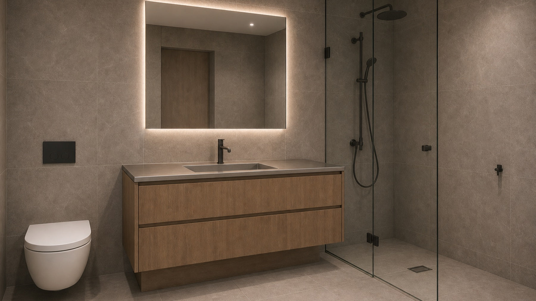 Residential vanity with controlled stainless detailing