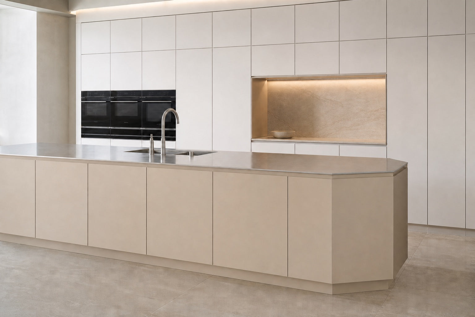 Warm kitchen with architectural stainless detailing